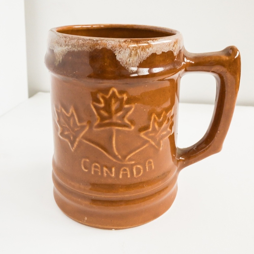 Beer Stein Brown Maple Leaf Canada Drip Glaze Ceramic